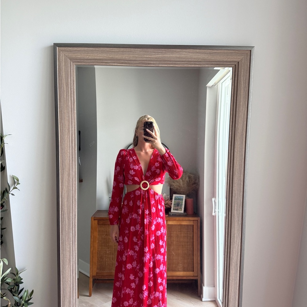 Wayf Red and White Wrap Sundress with Bishop Sleeves